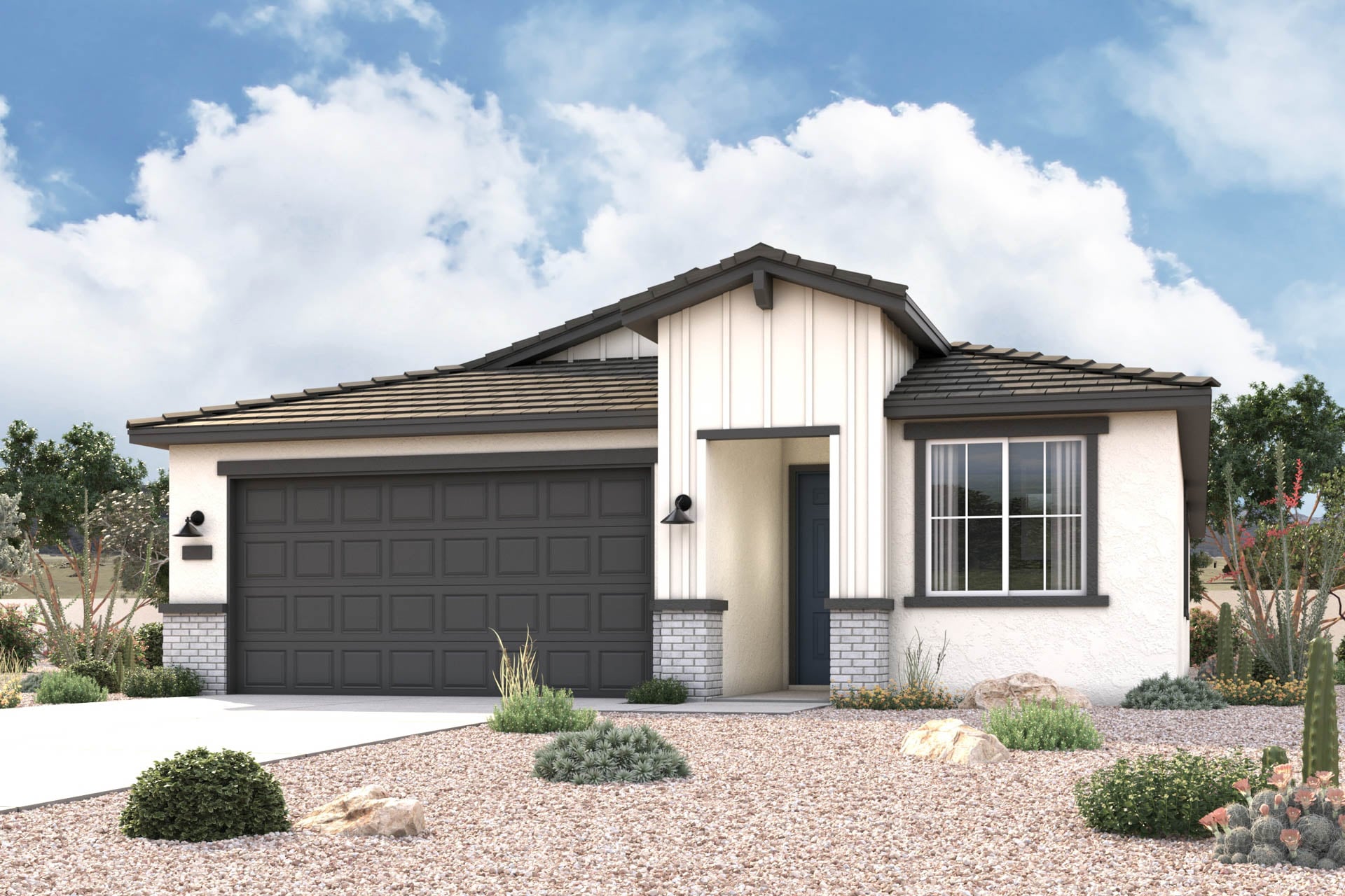 Farmhouse exterior elevation rendering of 1 story 3-bedroom New Home floor plan in Maricopa AZ USDA Loan VA Loan Eligible Near 347 with community amenities near park