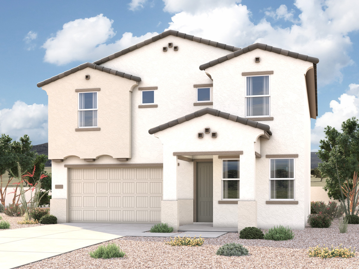 Rendering of front of new home for sale in San Tan, AZ with 2 car garage in the beautiful Skyline Village community with pool.
