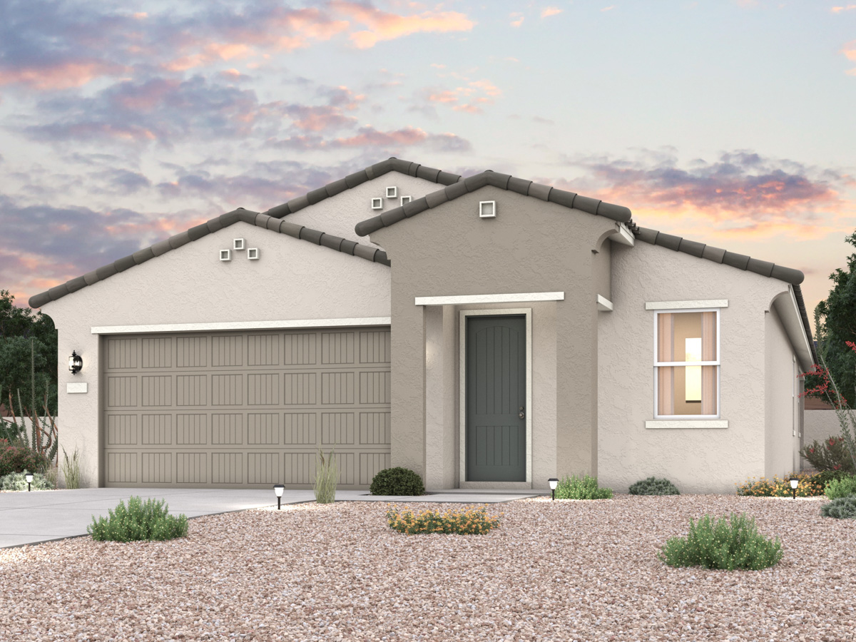 Twilight rendering of front of new home for sale in San Tan, AZ with 2 car garage in the beautiful Skyline Village community with pool.