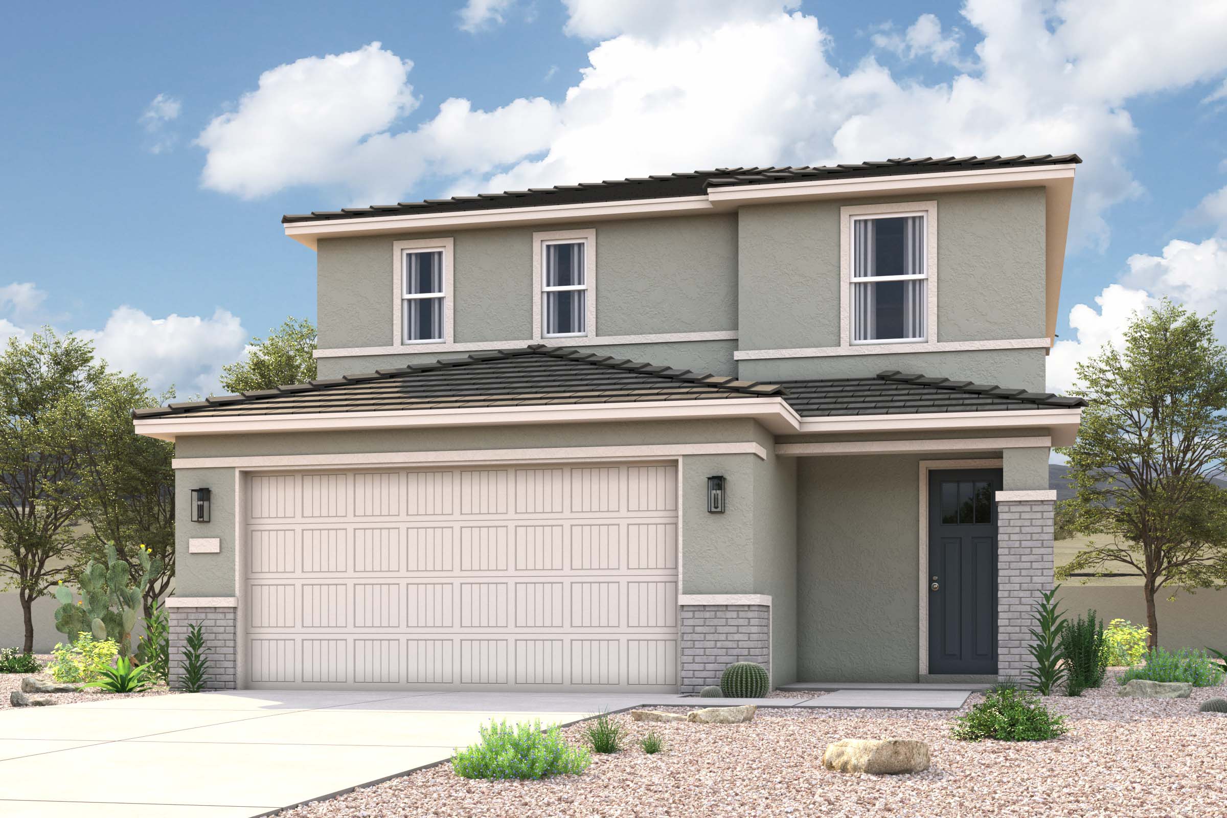 Rendering of front of new home for sale in San Tan Valley, AZ at Skyline Village the Highlands Collection by Century Communities with 2 car garage.