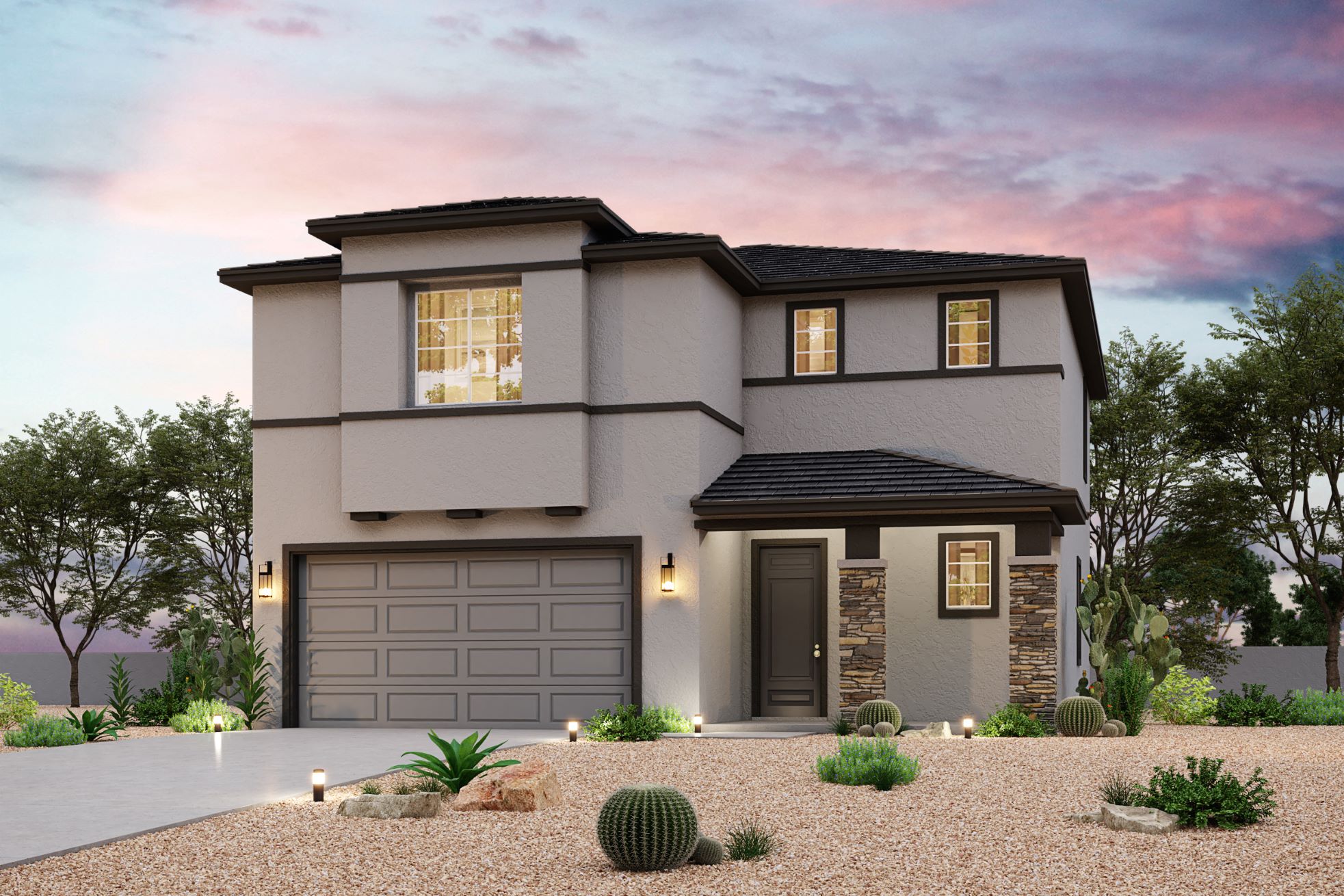 A house with a garage and a gravel driveway.