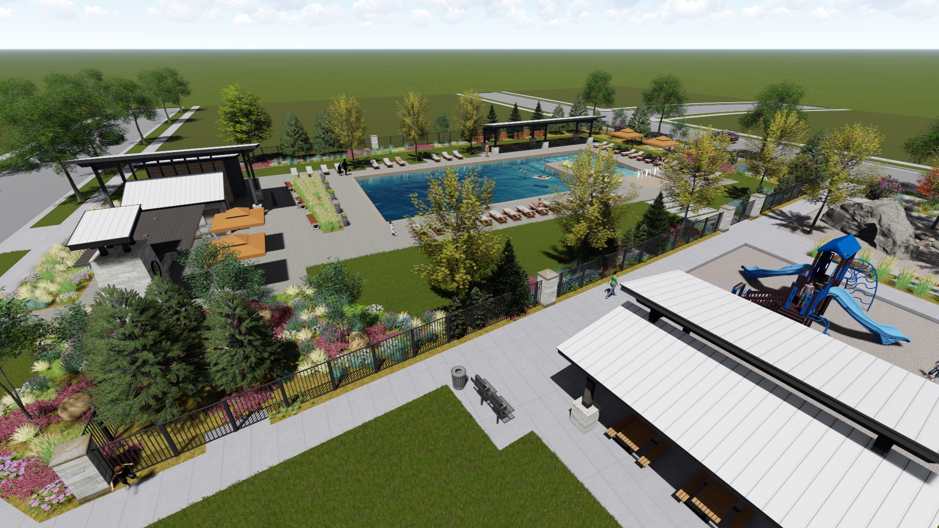 A swimming pool with a slide.