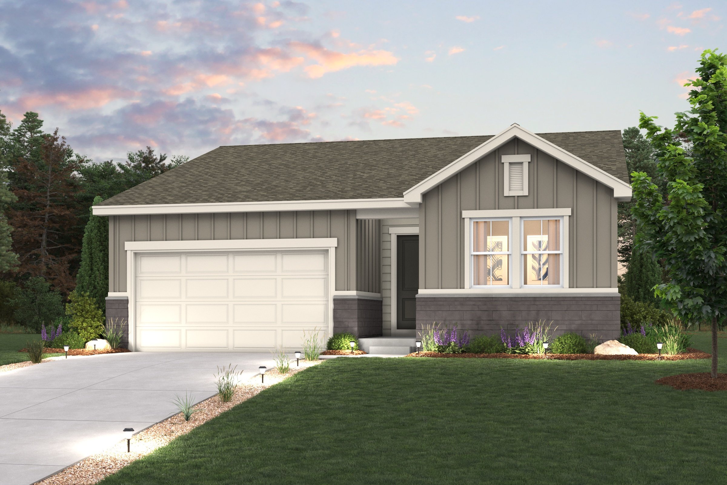 A house with a garage. Elevation A Cimarron Rendering of home with landscaping and drvieway