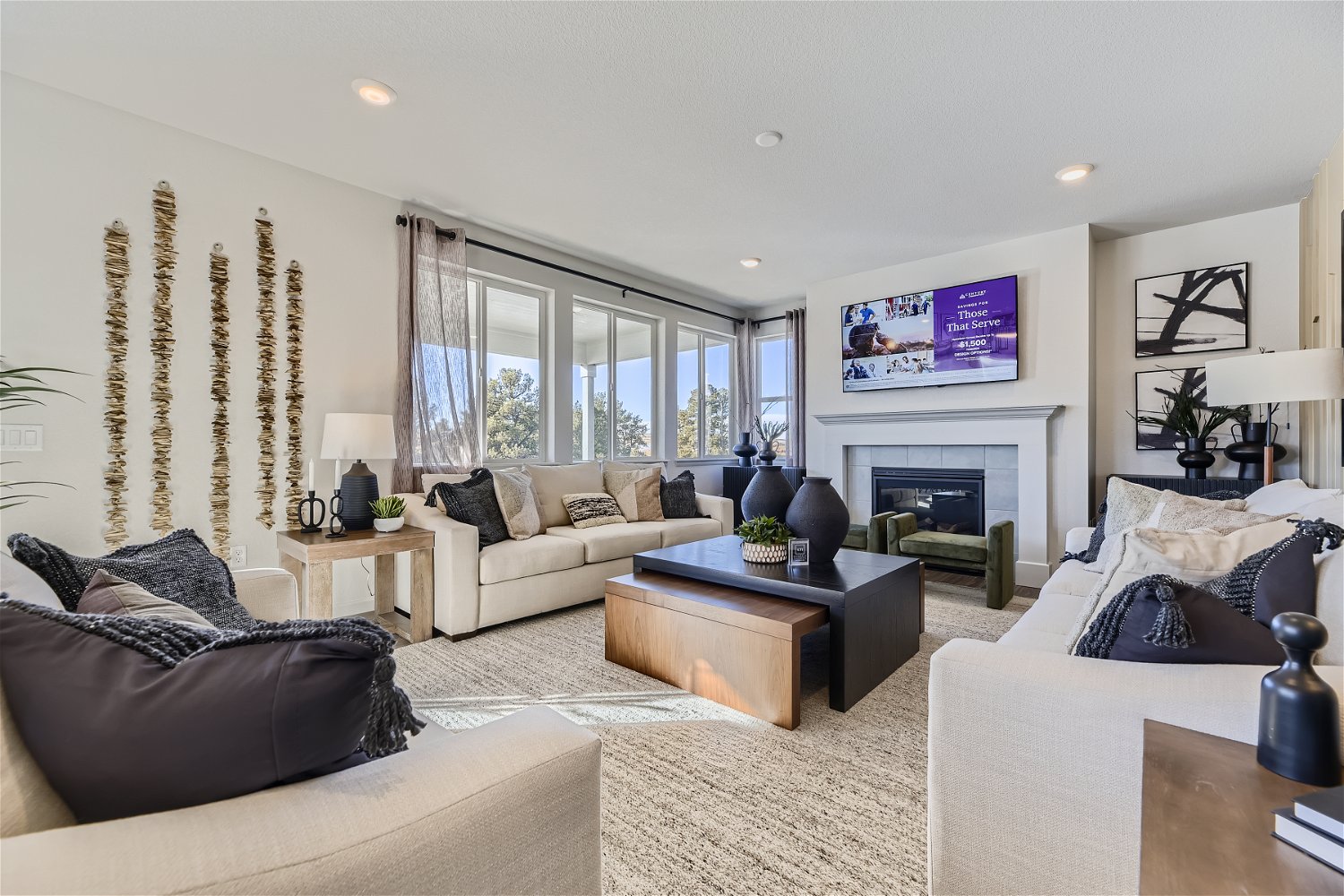 A living room with a fireplace.