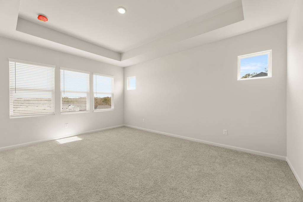 A room with a carpet and a window.