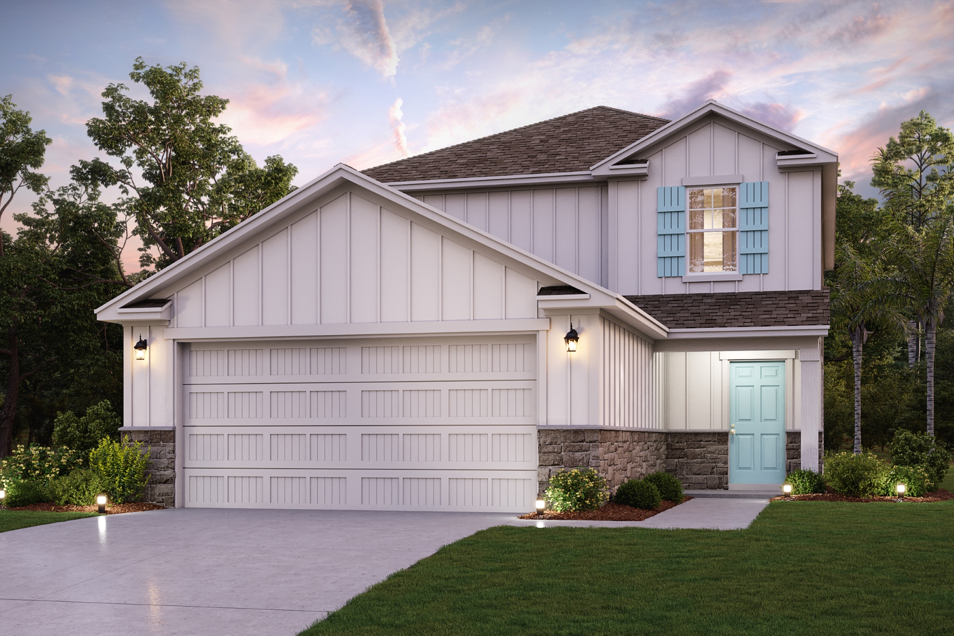 A white house with a driveway with American Gothic House in the background.