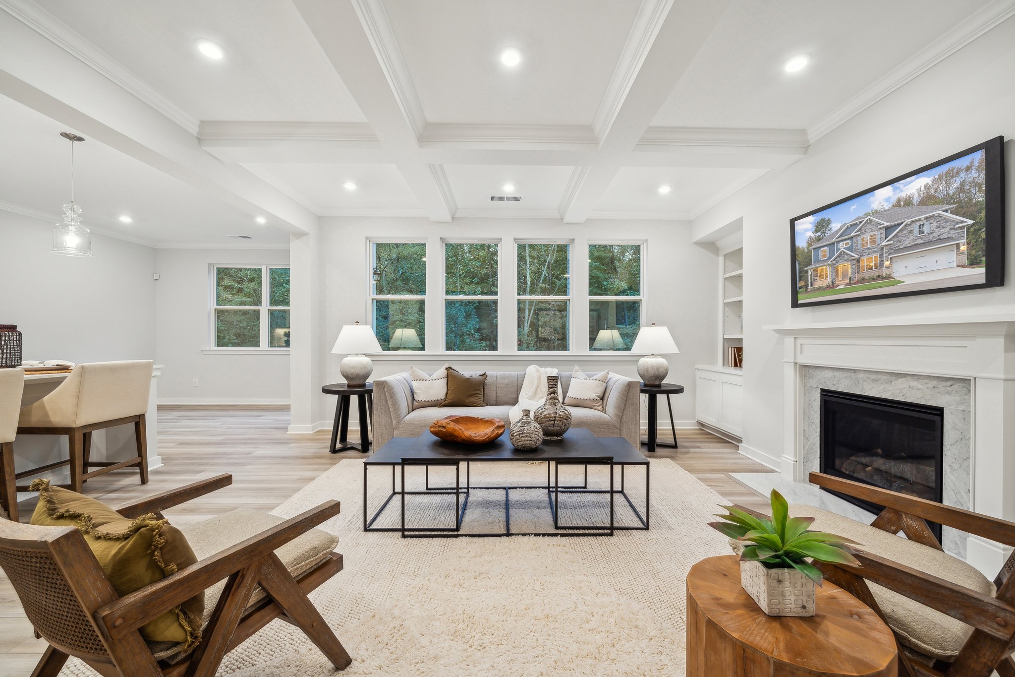 A living room with a fireplace.