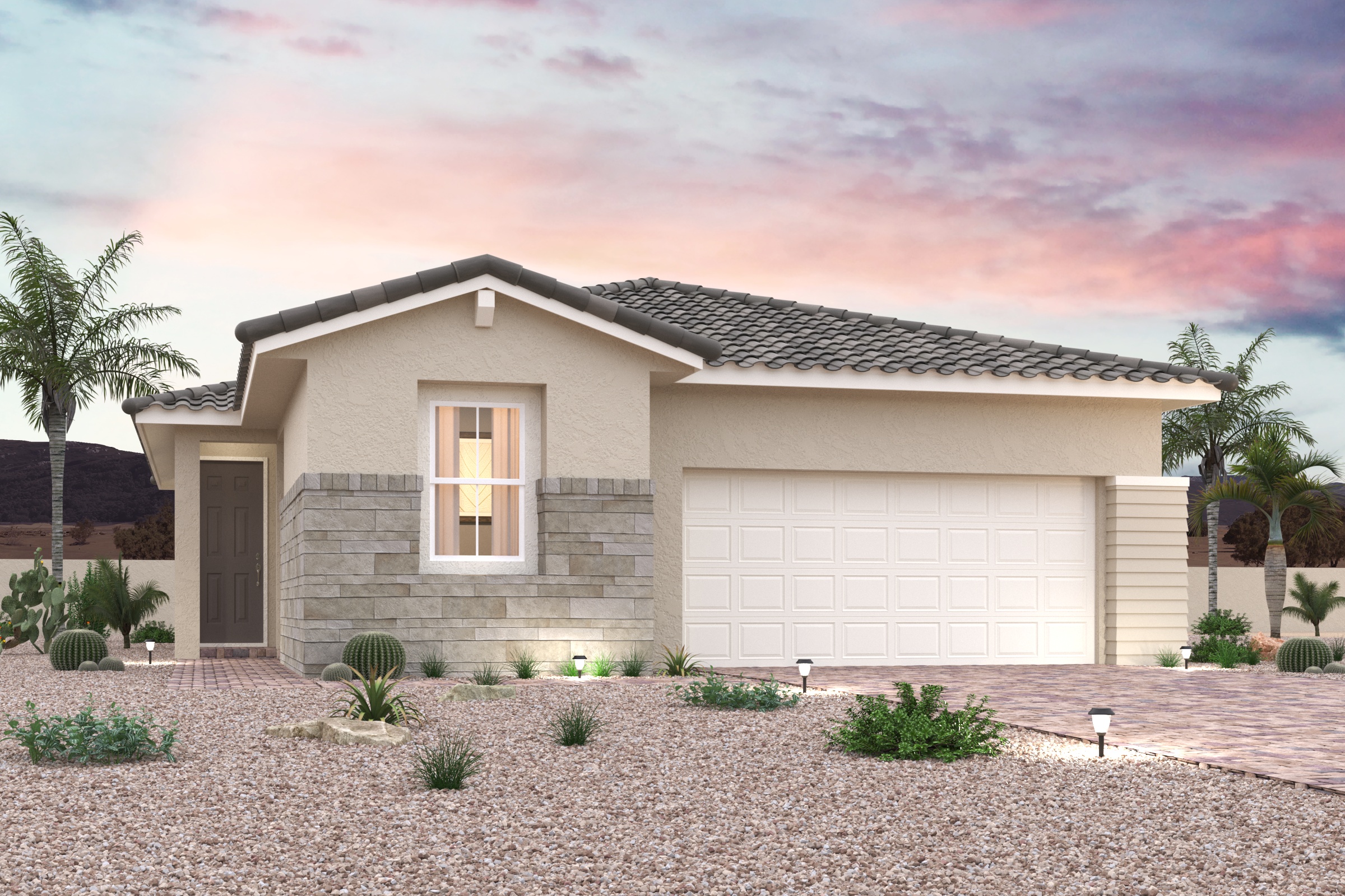 A house with a garage and trees.
