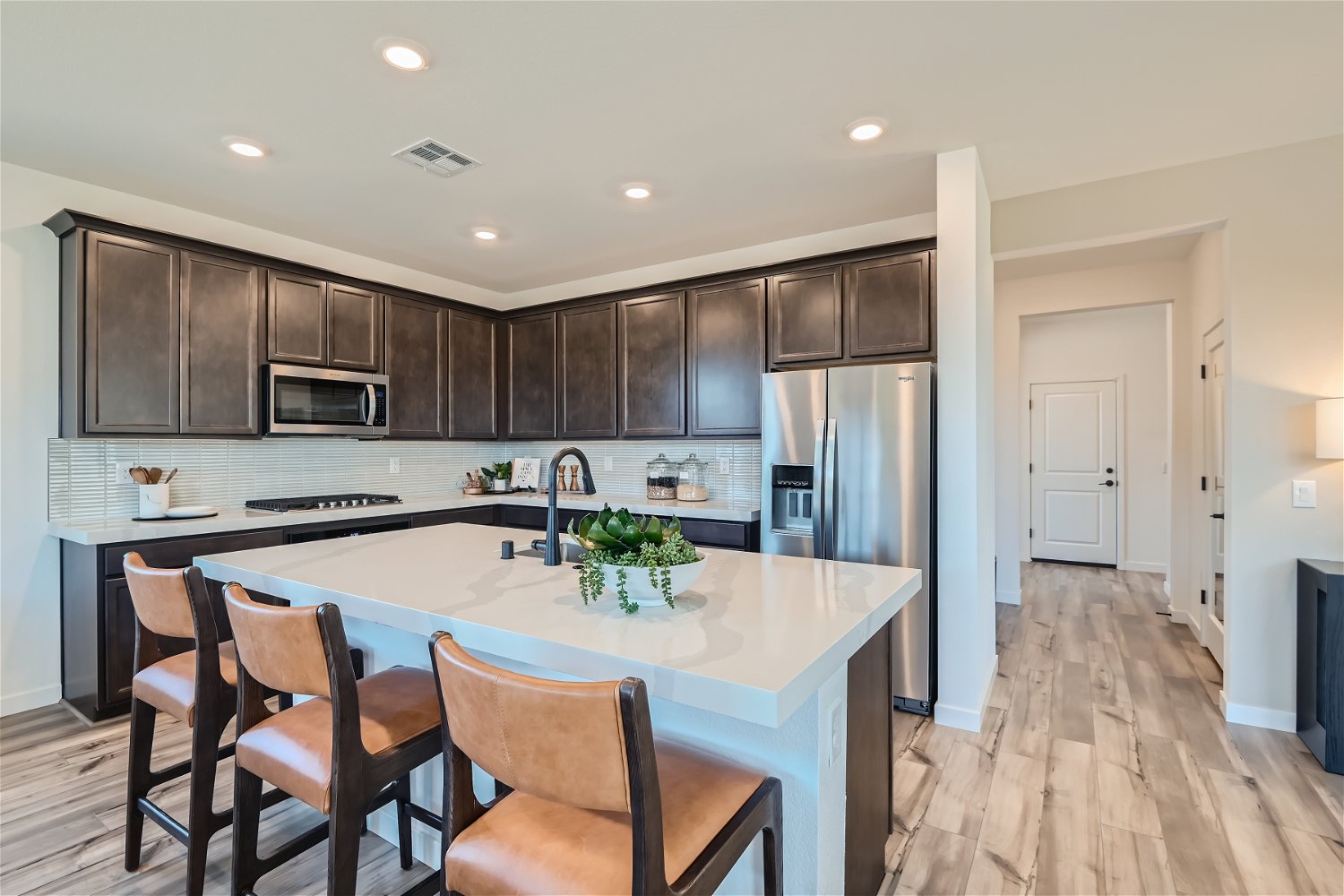 A kitchen with a large island.