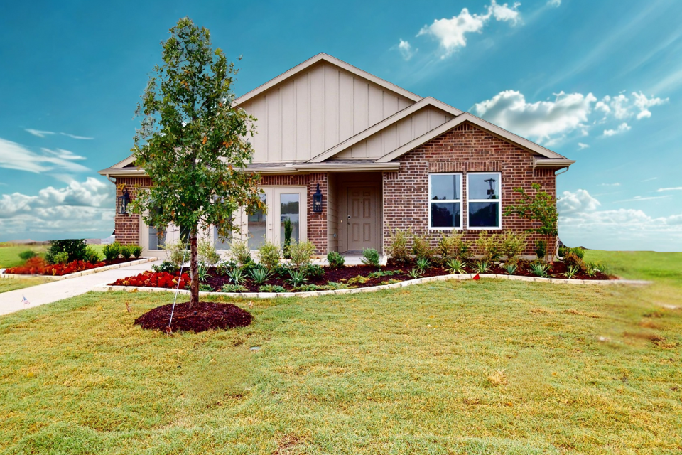 A house with a tree in the front yard.