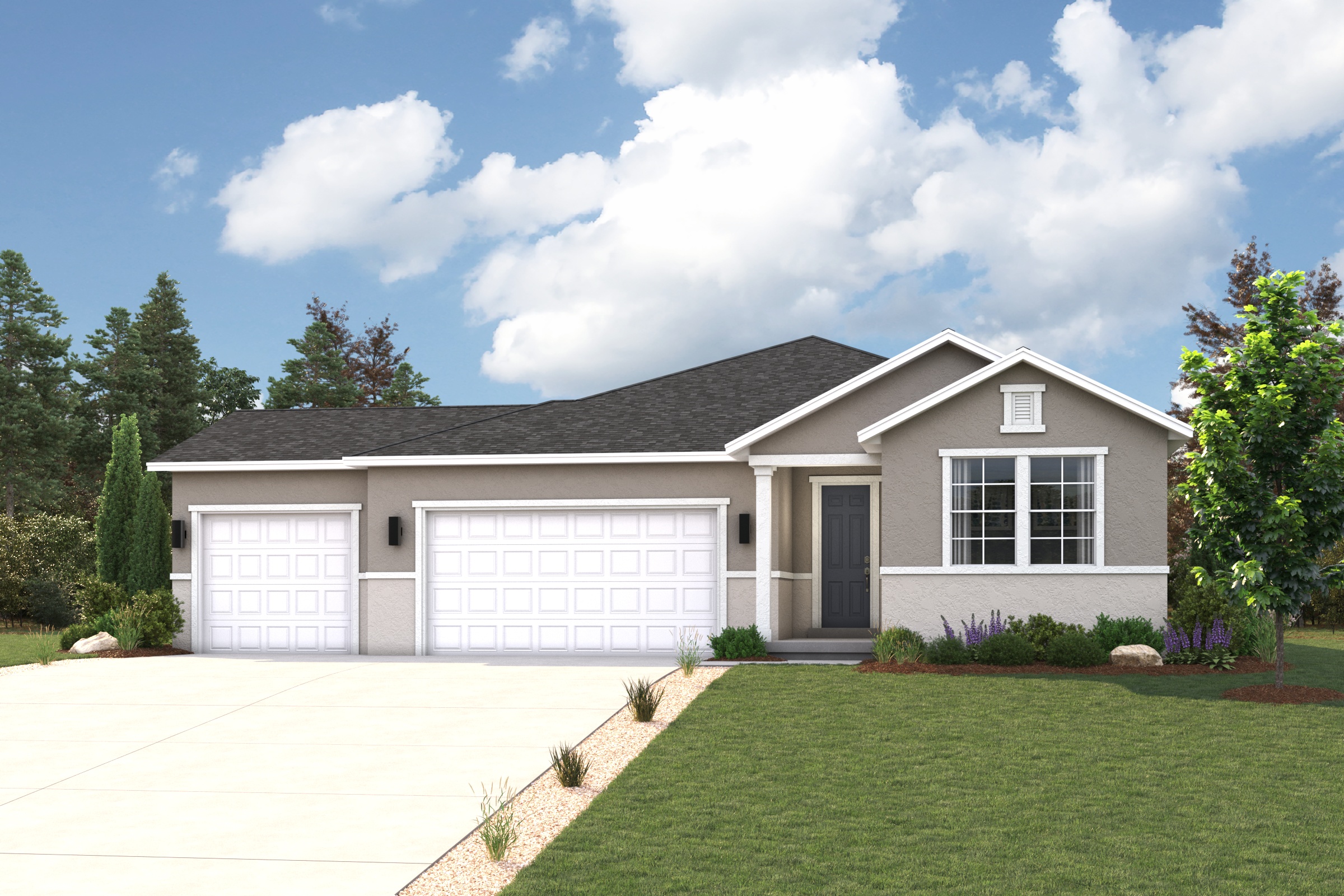 A house with a driveway and a lawn in front of it.