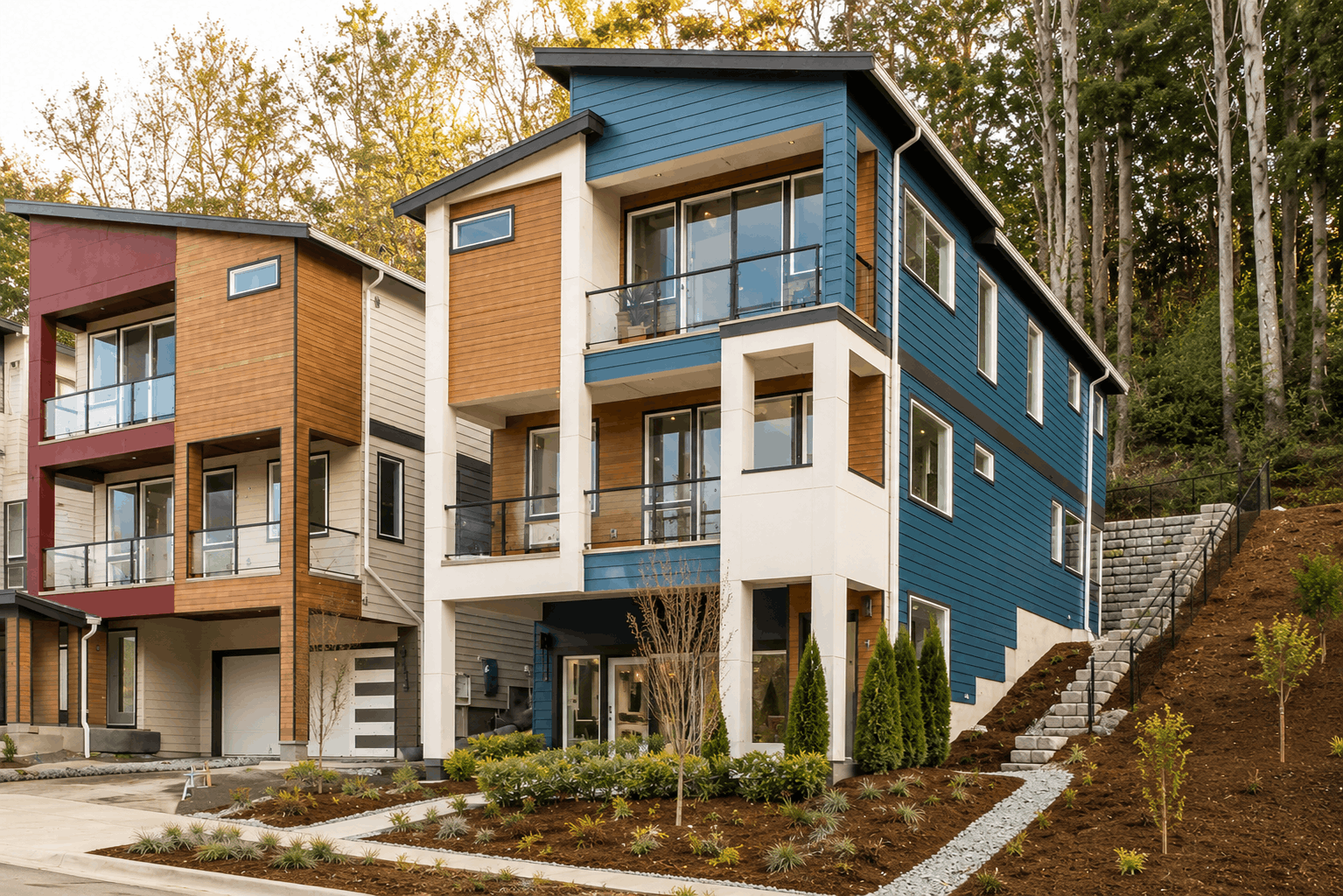 A multi-story house with trees.