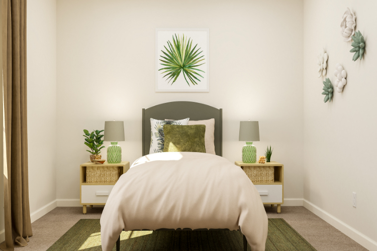 A bedroom with a bed and lamps.